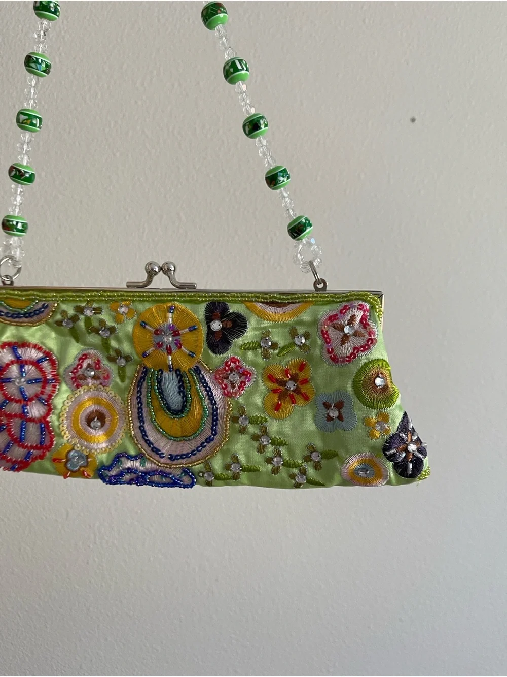 Embroidered Beaded Handle Green Evening Clutch